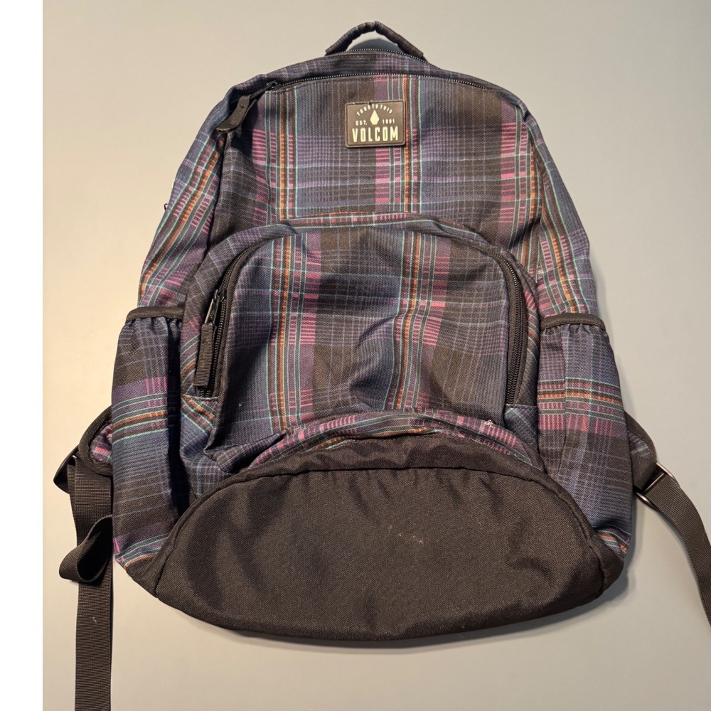 Volcom Plaid Backpack Purple Blue Pink Skate School Bag with Laptop Sleeve Y2K